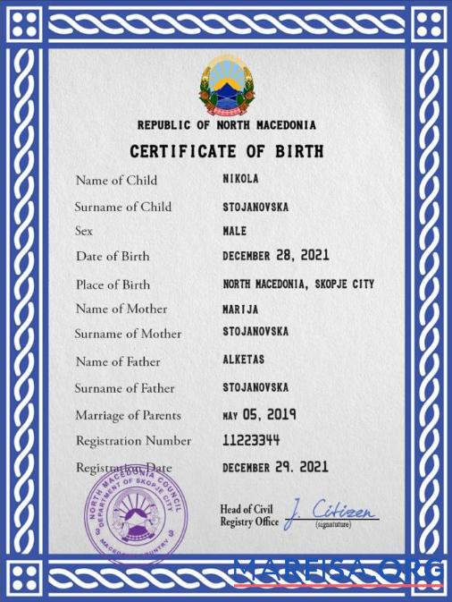 Printable North Macedonia vital record birth certificate PSD template